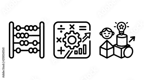 Set of education and learning line icons including abacus mathematical operations early development building blocks education calculation learning arithmetic geometry development counting