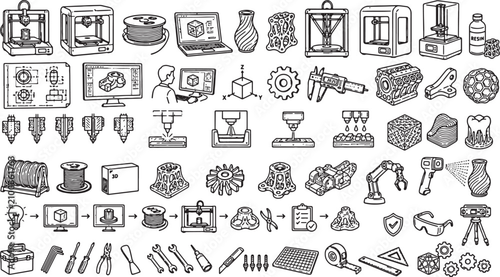 Naklejka premium hand drawn 3d printing and additive manufacturing icon set