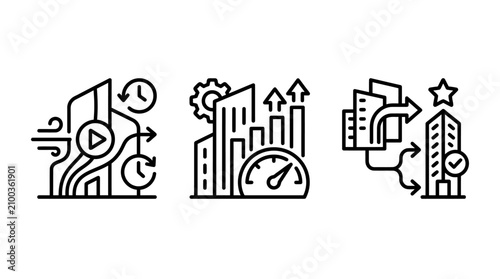 Building construction project management icons displaying workflow optimization and construction site success with construction management workflow optimization building architecture efficiency