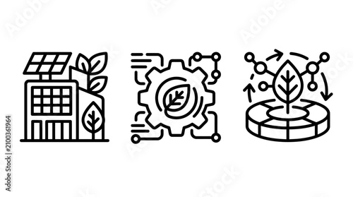 Sustainable eco building and green energy optimization icons with sustainable building environment optimization renewable infrastructure technology innovation development efficiency resource