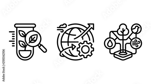 Sustainable agriculture and environmental technology linear icons set with agriculture environment sustainability technology research management laboratory analysis production development