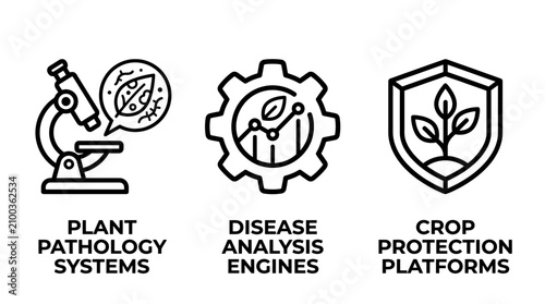 Icon collection of plant pathology diagnostic systems and crop protection technology engines with pathology protection agriculture microscope technology analysis diagnostic research innovation