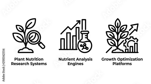 Agricultural biotechnology and plant growth research icon set with biotechnology agriculture research nutrition innovation development technology analysis optimization industry engineering