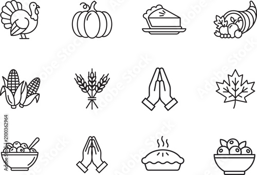 Thanksgiving and halloween line art icons turkey pumpkin corn and autumn harvest symbols