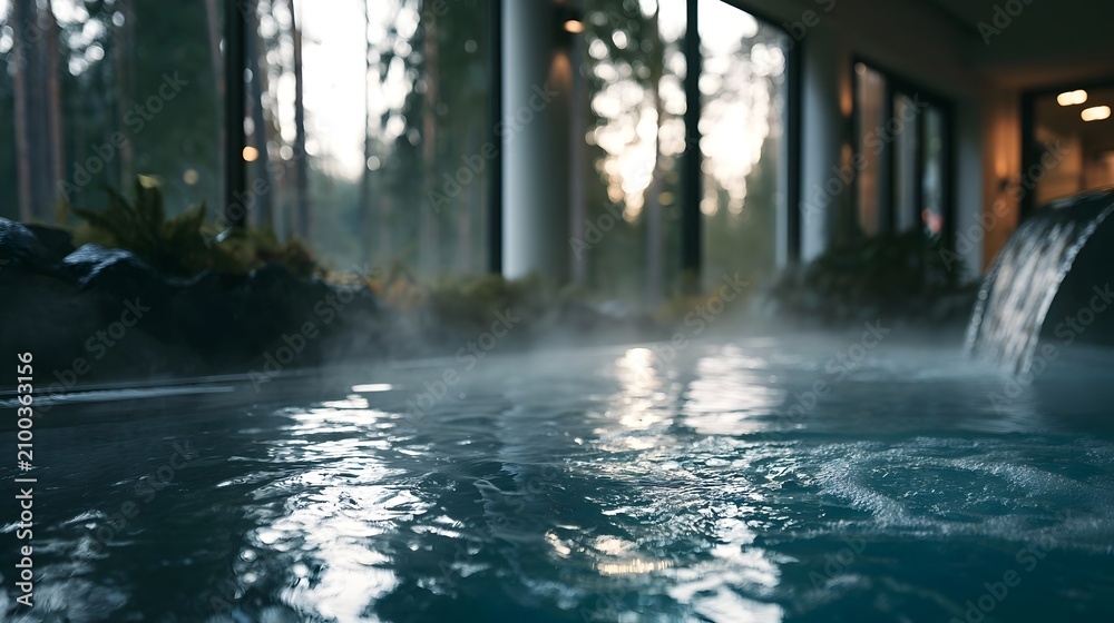 Fototapeta premium A serene indoor hot spring pool with steam rising from warm water surrounded by large overlooking a forested landscape