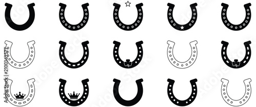 Fotografie Horseshoe icons vector illustration featuring lucky horseshoe symbols in black silhouette style for western themes, fortune, and decorative designs