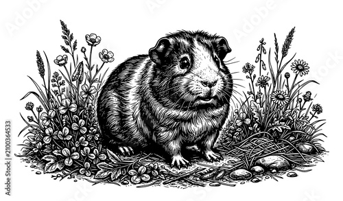 Fotografie Cute Guinea Pig Standing with Clover Dark Vintage Wildlife Vector Illustration