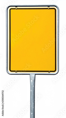 Blank yellow rectangular sign on a metal pole against white