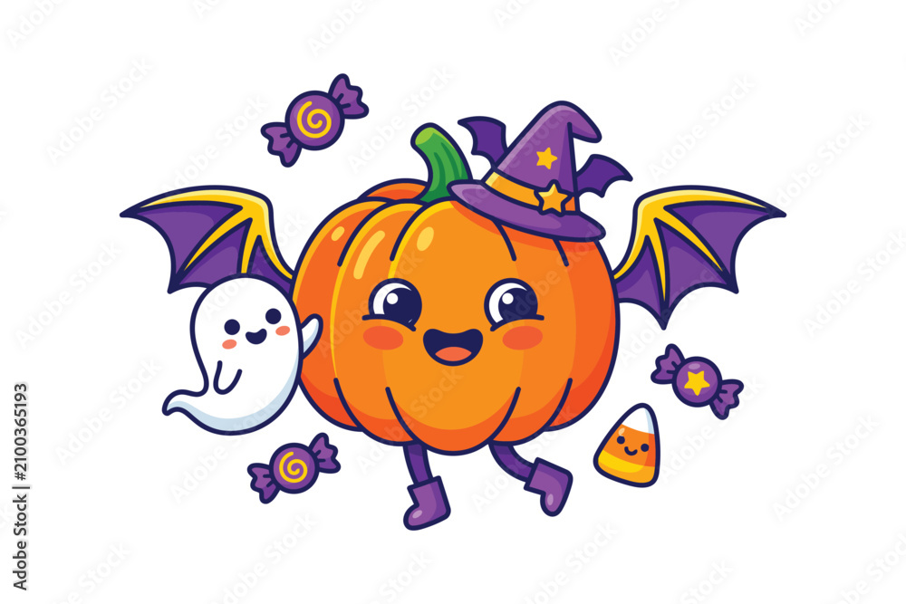 Fototapeta premium Cute Halloween pumpkin character with bat wings and witch hat