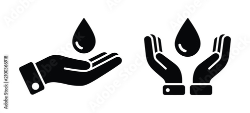 Water conservation icon set with hand and water drop symbols for save water, sustainability, environmental protection and eco care