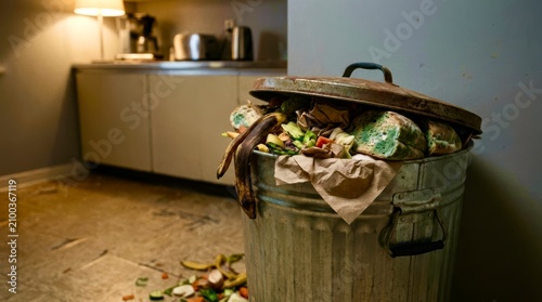 Overfilled bucket sits near kitchen counter