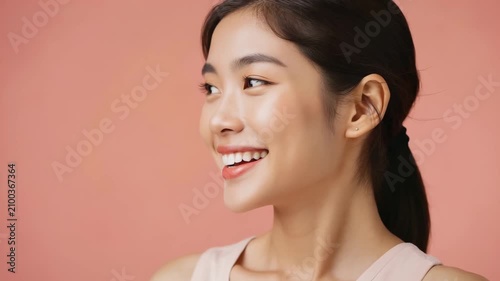 Smiling Asian woman portrait on a peach background. Beauty, studio headshot, happy face, confidence, youth.