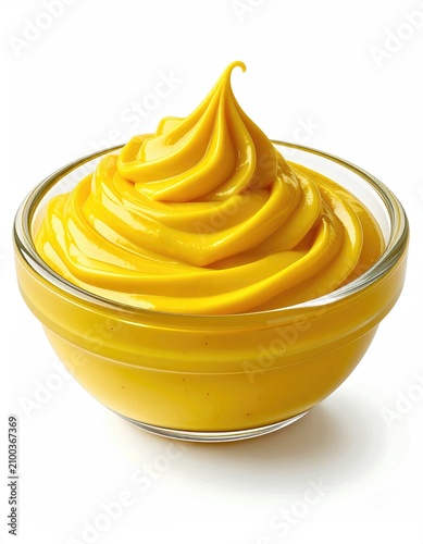 Bright yellow condiment swirled decoratively in a clear glass bowl