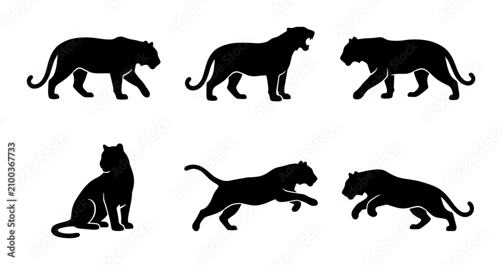 Fototapeta premium Black Panther Silhouettes Set: Dynamic Poses, Wild Cat Vector Icons for Wildlife and Safari Themes