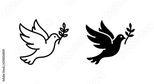 Peace Dove Vector Icons, Flying Bird Symbol with Olive Branch, Hope and Freedom Graphics, Black and White Concepts