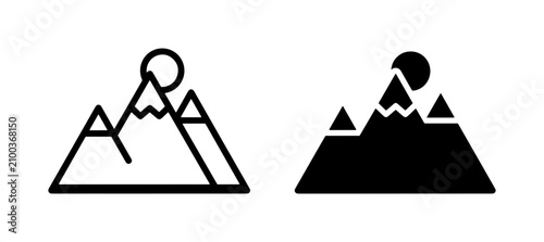 Mountain Icons Set: Outline and Silhouette, Sun and Peaks, Vector Graphics for Nature and Adventure Themes