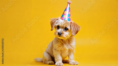 Small dog wearing a party hat on a yellow background. Birthday celebration, cute pet portrait, festive, playful.