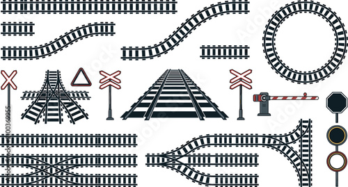 Quadro su tela Railway Track Set with Straight Curve Circle Crossing Bridge and Railroad Sign V