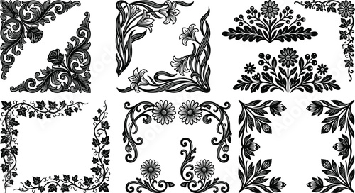 Konstfotografi Black Floral Ornament Frame and Corner Set with Vintage Damask Vine and Botanica