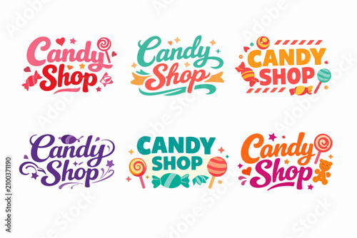 Collection of candy shop logo designs for sweet treats business branding, featuring vibrant colors, lollipops, and sweets