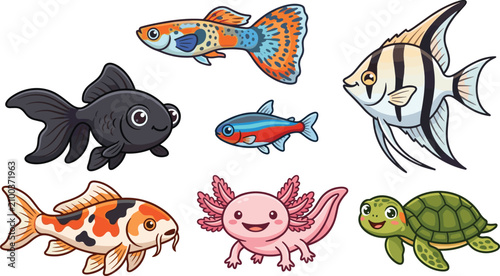 Schilderij op canvas Cute Cartoon Aquarium Animals Set with Guppy Angelfish Goldfish Neon Tetra Koi A