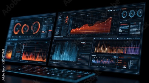 Data visualization interactive dashboard business intelligence analytical insights decision support operational excellence focus on colorful charts copy space technology theme futuristic Blend mode hi