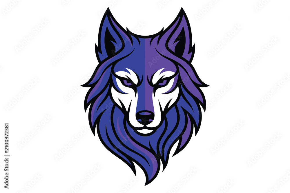 Fototapeta premium Purple wolf head illustration with white and black details animal face