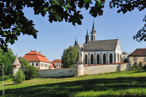 Vyssi Brod Monastery on a sunny day in South Bohemia region, Czech Republic, showcases historical architecture and surrounding nature