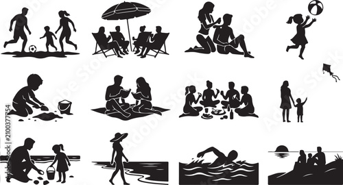 Bild auf Leinwand Set of black silhouettes depicting summer beach activities, including families p