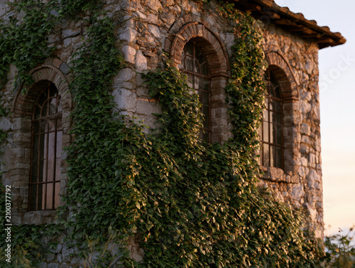 Ancient stone granary building with arched windows weathered masonry and ivy climbing the walls in European countryside warm golden hour lighting photorealistic 8k hyperdetailed