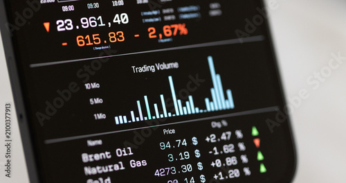 Canvastavla Smart phone display with global stock market data, bar graph, trading volume information