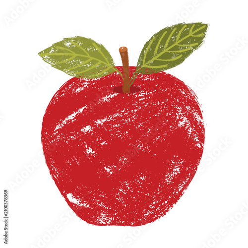 Textured red apple with green leaves vector illustration. Hand drawn crayon or chalk style fruit isolated on white background. Organic food for kitchen decor, packaging or kids book.