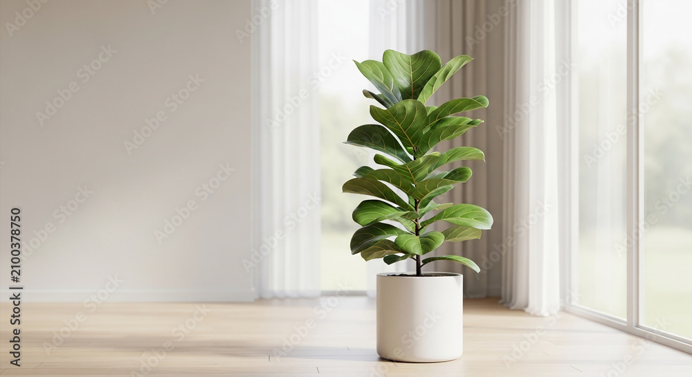 Fototapeta premium A potted green plant stands by a large window with sheer curtains, symbolizing natural beauty and indoor serenity, perfect for home decor or wellness concepts.
