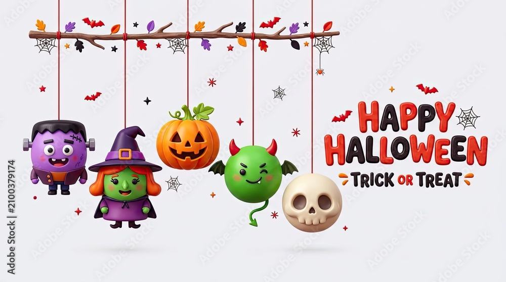 Fototapeta premium Happy halloween hanging ornaments featuring a pumpkin frankenstein monster witch green demon a skull on a branch halloween ornaments pumpkins frankenstein celebration seasonal