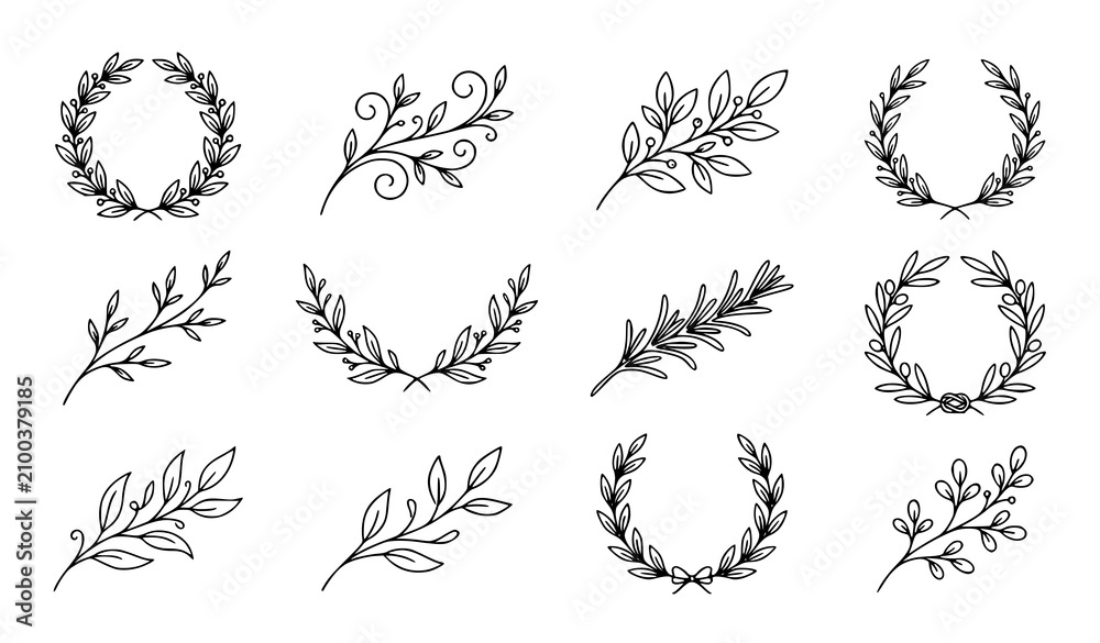 Fototapeta premium Hand drawn botanical line art wreaths and branches vector set with elegant leaf swirls and minimalist plant design elements