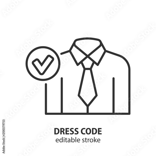 Shirt with tie and check mark line icon. Professional formal dress code for office workers. Vector illustration of business attire for employee uniform standard and corporate style. Editable stroke.