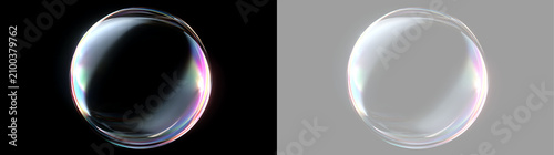 Clear soap bubble with colorful iridescent edges. Realistic 3D transparent glass sphere isolated on black and checkerboard backgrounds