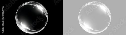 Transparent glass sphere with bright white reflections. Realistic 3D rendered clear water drop or bubble isolated on black and transparent backgrounds