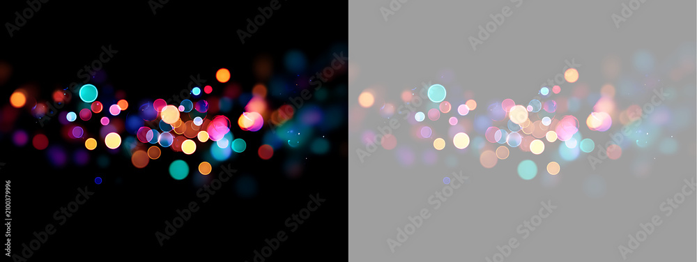 Obraz premium Vibrant bokeh light leaks on black and transparent background. Horizontal glowing glitter circles. Festive holiday light effect