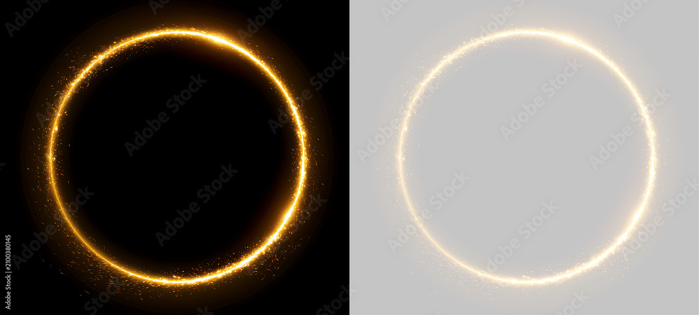 Naklejka premium Glowing golden circle with intense fiery sparks on black and transparent background. Round orange neon light ring design element