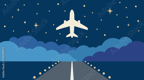 Fotografía Minimalist illustration of an airplane taking off at night with stars and clouds