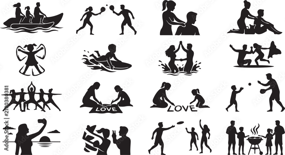 Obraz premium Collection of black silhouettes depicting family activities, including banana boating, table tennis, massage, surfing, yoga, beach play, writing love in sand, frisbee, and outdoor family barbecue