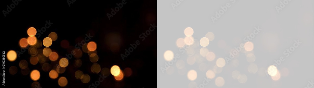 Fototapeta premium Golden bokeh light overlay clustered on black and transparent background. Warm out of focus glowing circles for compositing. Abstract festive light leak