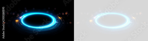 Glowing blue neon ring light effect on black and transparent background. Futuristic sci-fi portal with orange sparks. Abstract energy vortex frame