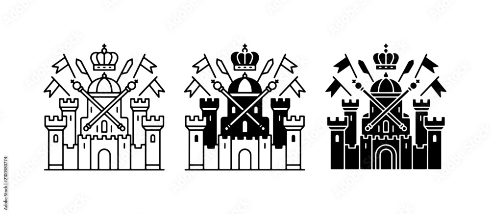 Fototapeta premium Castle Emblem Vector Set: Heraldic Crests with Crown, Flags, and Crossed Spears, Military Fortifications, Royal Symbols, Black and White Graphics