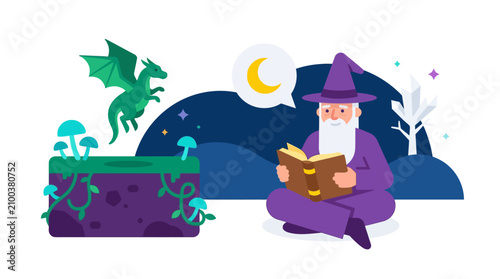 Bild auf Leinwand A wizard reads an ancient book under a crescent moon with a green dragon flying nearby