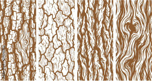 Detailed vector graphic illustration showing four distinct vertical panels of rough natural tree bark textures
