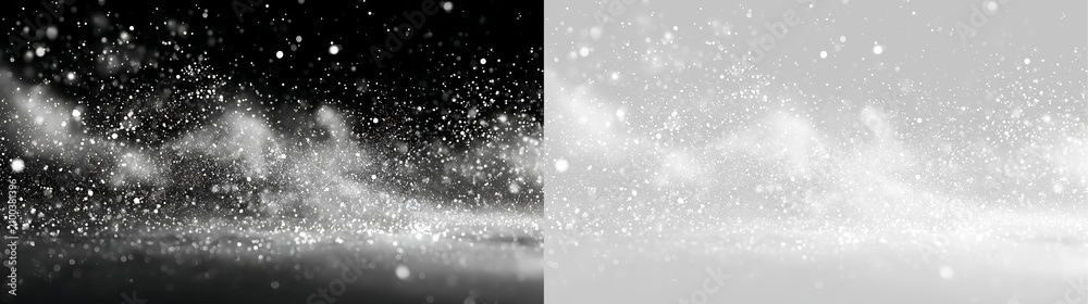 Fototapeta premium Dense white glitter particles on black and transparent background. Sparkling dust cloud light effect. Glowing magic snow overlay