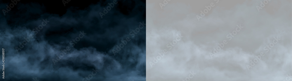 Obraz premium Textured billowy smoke overlay on black and transparent background. Blue fog cloud effect for photo editing. Atmospheric design element