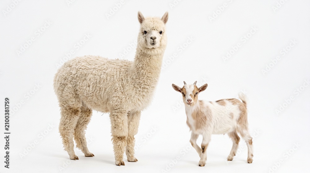 Obraz premium A fluffy alpaca and a spotted baby goat stand together on a white background, showcasing a gentle contrast.